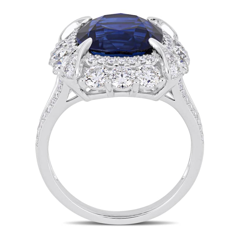 Miadora 7 1/10ct TGW Cushion-Cut Sapphire & 1 3/4ct TDW Diamond Halo Cocktail Ring in 14k White Gold