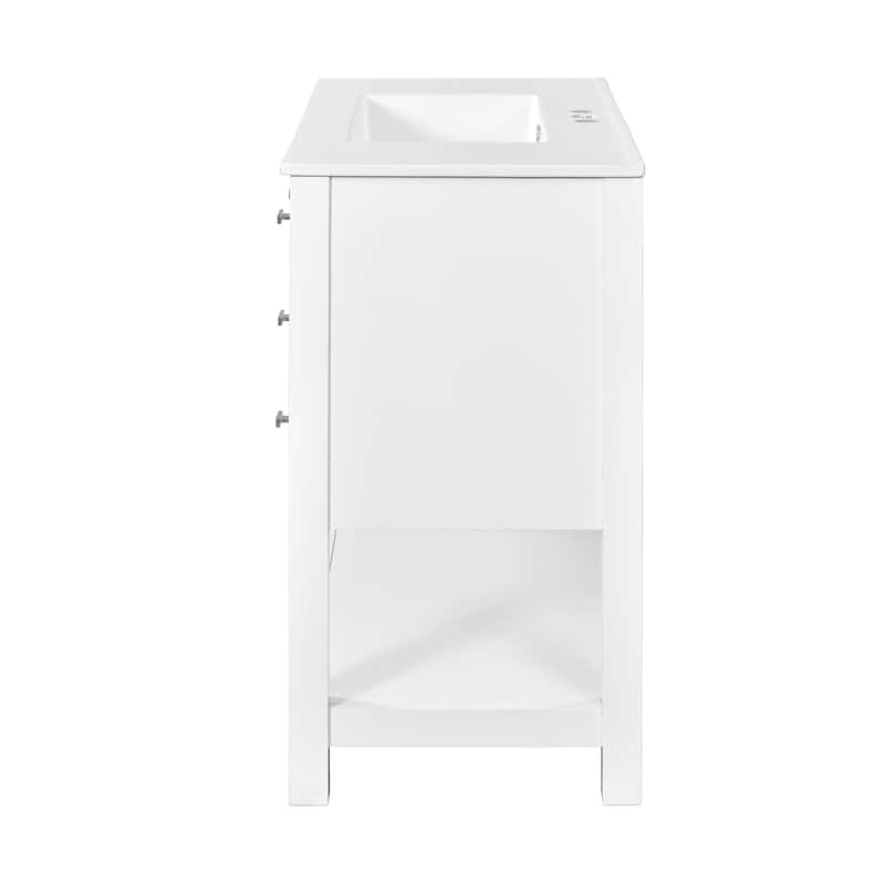 Single Sink Bathroom Vanity Storage Cabinet with 2 Soft Closing Doors, 6 Drawers, Open Shelf and Silver Metal Handles