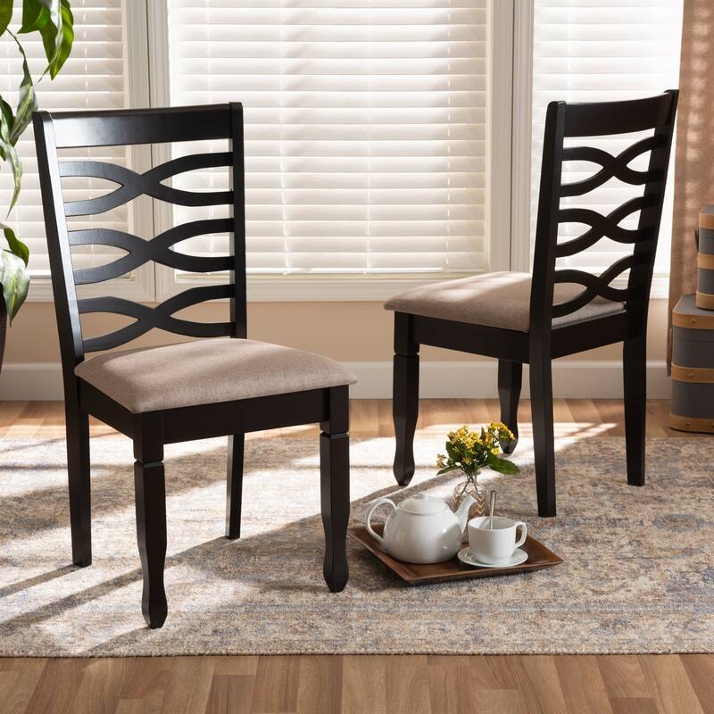 Modern Dining Chair Set - 2 Piece Fabric Upholstered Wood Chairs - Dark Brown Finish