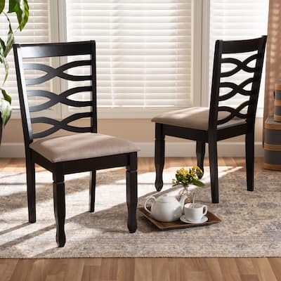 Modern Dining Chair Set - 2 Piece Fabric Upholstered Wood Chairs - Dark Brown Finish