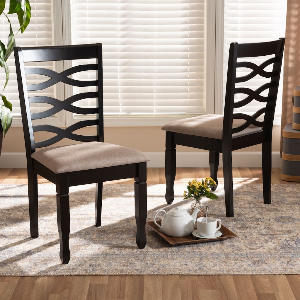 Modern Dining Chair Set - 2 Piece Fabric Upholstered Wood Chairs - Dark Brown Finish