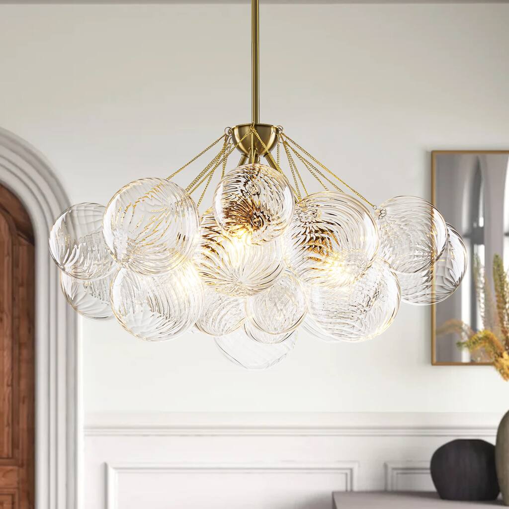 3-Light Contemporary Textured Brass & Bubble Glass Chandelier for Dining Room - 3 Light