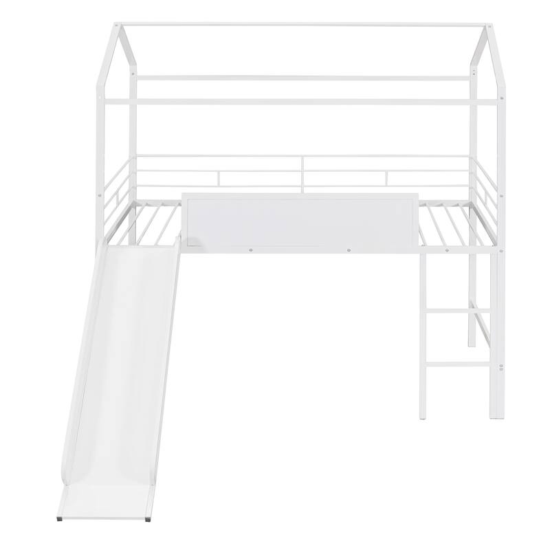 Twin Size Metal Loft Bed with Slide & Two-Sided Writable Wooden Boards - Metal House Bed Design