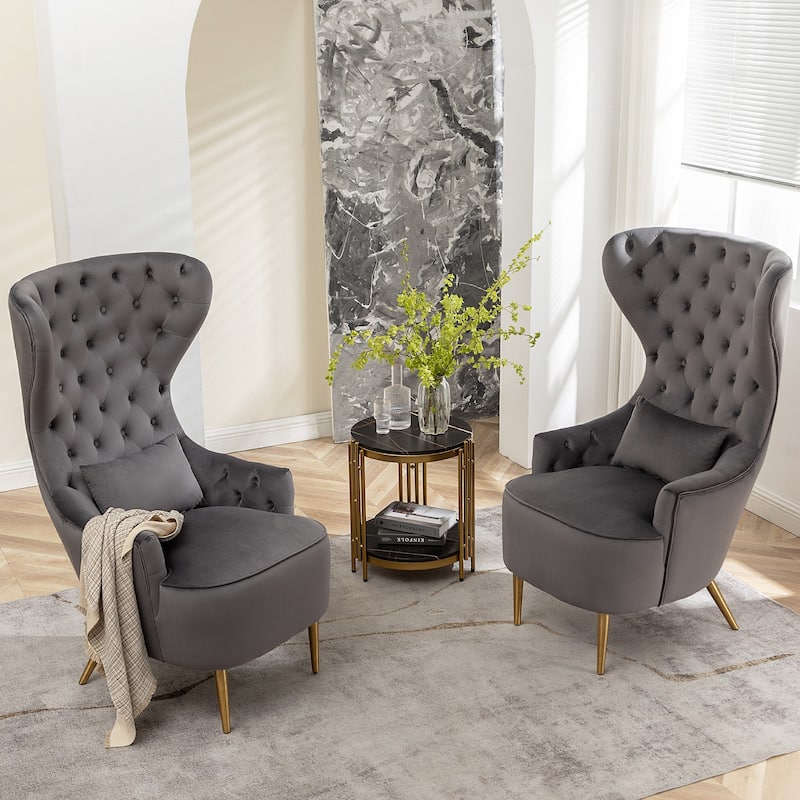 KINWELL Tufted High Wingback Accent Chairs Velvet Armchairs, Set of 2