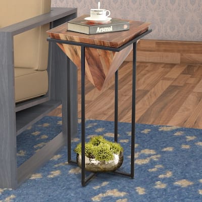 Ida 30 Inch Pyramid Shape Acacia Wood Side Table With Cross Iron Base, Brown and Black