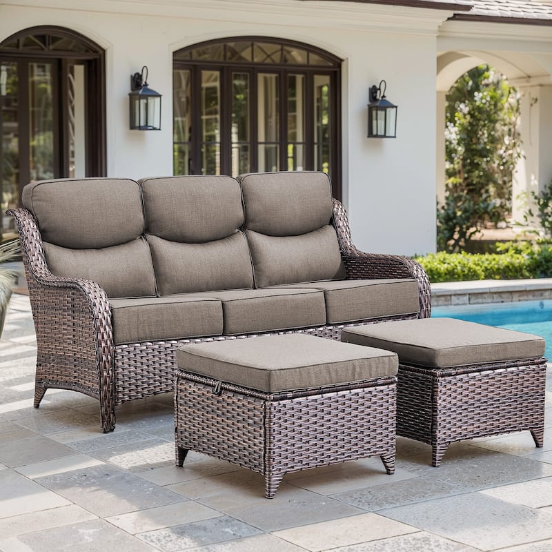 Gymojoy 3-Piece Patio Furniture Sofa Set with Ottomans, 6-Inch Ultra-Plush Cushions & Water-Resistant Olefin Fabric - Brown Wicker / Grey Cusion - 3-Piece