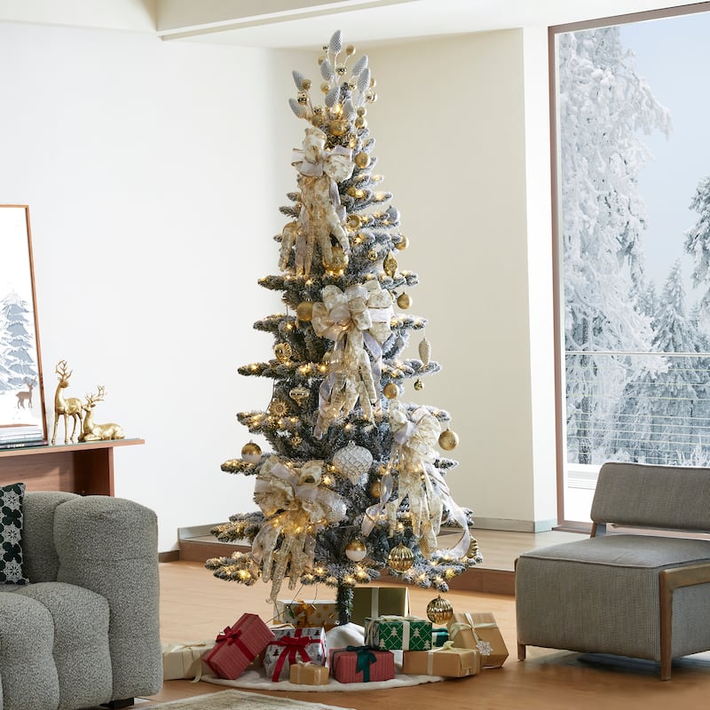 Glitzhome 6FT/7.5FT/9FT/11FT Snow Flocked Pre-lit Artificial Fir Christmas Trees