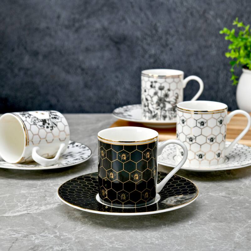 STP Goods Honeycomb Porcelain Turkish Coffee Espresso Cup & Saucer Set for 4