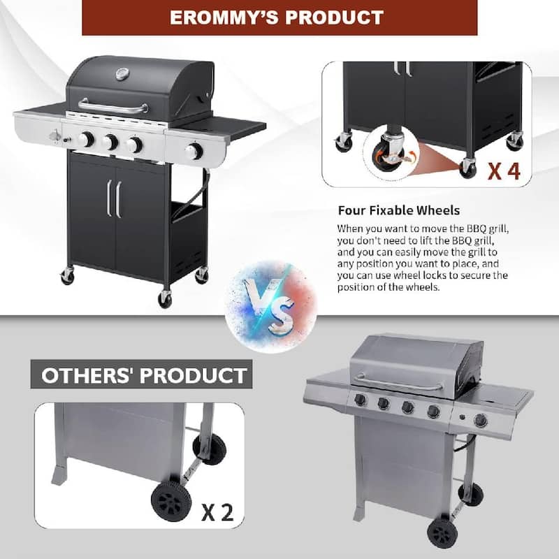 Outdoor BBQ Gas Grill - 58K BTU, Stainless Steel, with Stove & Side Table, perfect for camping, picnics, and gatherings