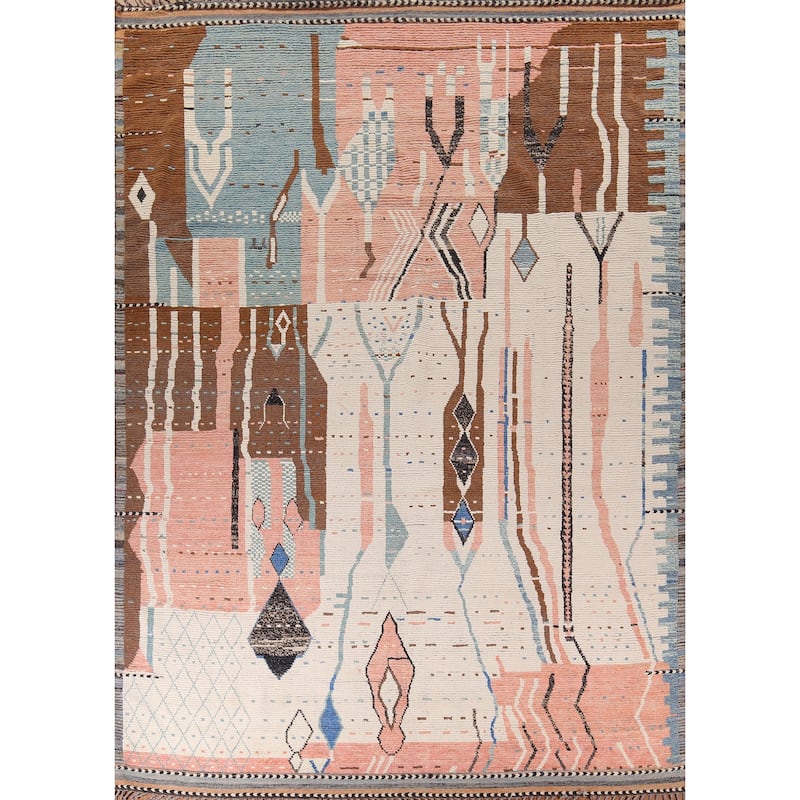Earth Tone Moroccan Large Modern Area Rug Hand-Knotted Wool Carpet - 11'11" x 15'2"