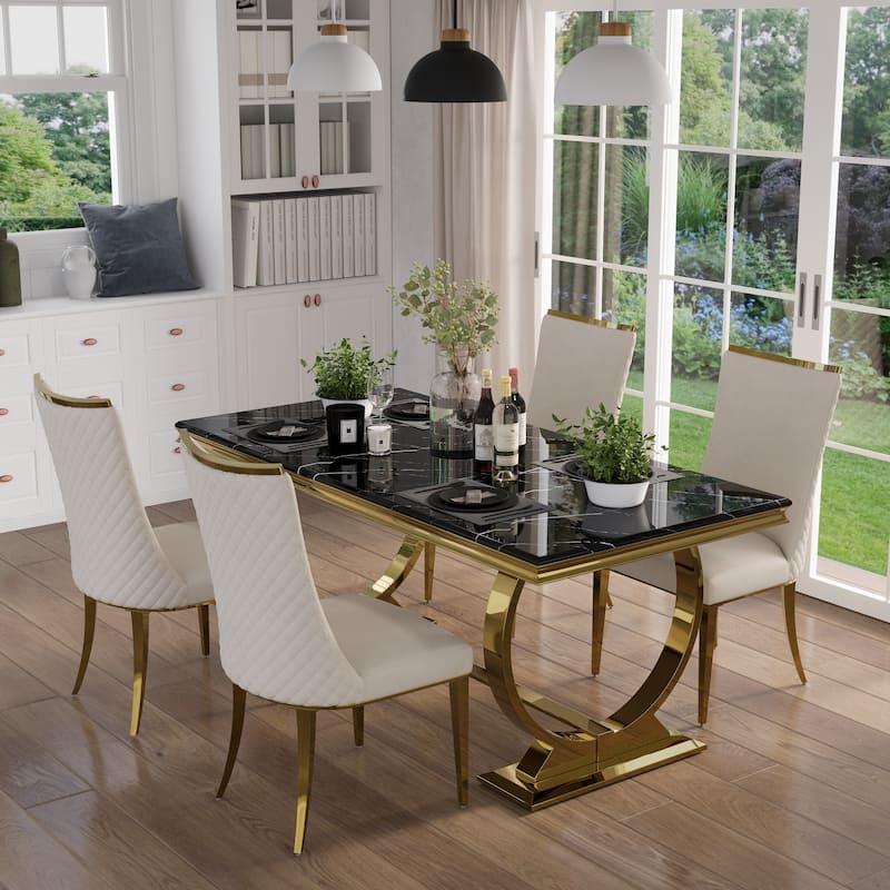 Luxurious Dining Room Table Set with Velvet Dining Chairs - Black-White - Dining Table and 4 Chairs