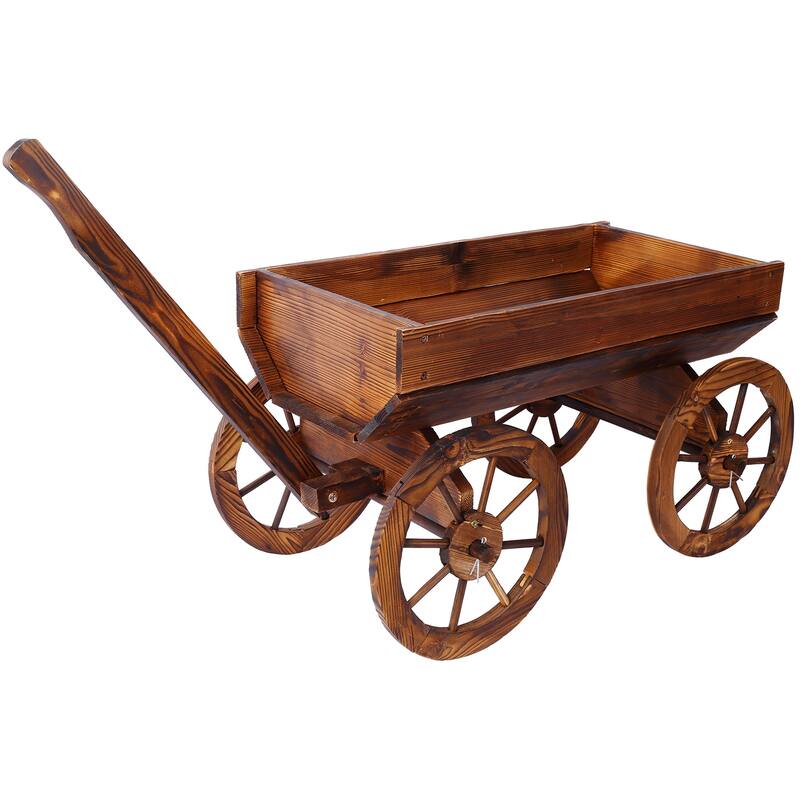 Wood Wagon Planter with Wheels, Mobile Garden Decor in Brown