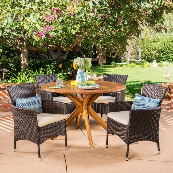 slide 2 of 31, Cedros Wicker/ Acacia Wood Outdoor 5-piece Dining Set by Christopher Knight Home Multibrown/Beige/Teak