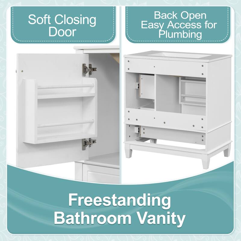 30" Freestanding Bathroom Vanity with Sink, One Door Cabinet and 3 Drawers, Solid Wood Frame & MDF Board