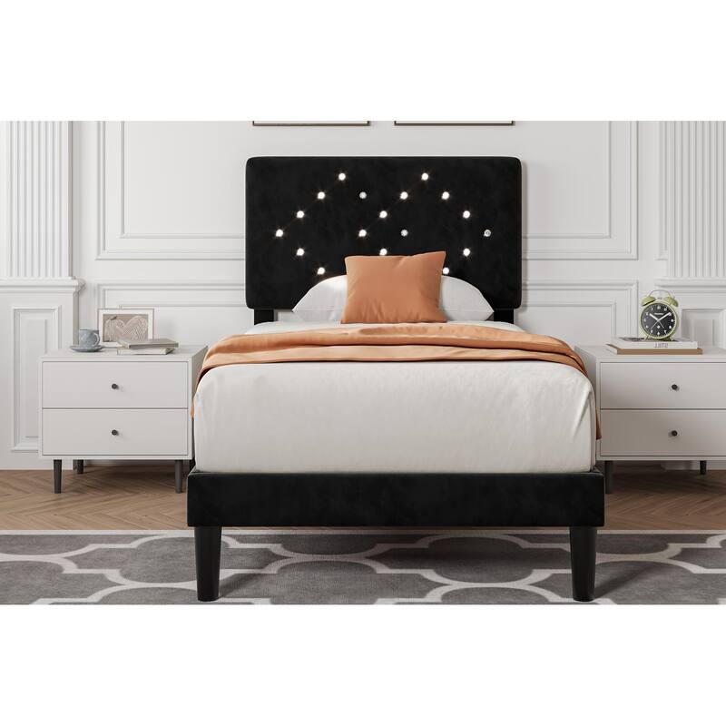 Bed Frames, Velvet Upholstered Bed Frame with Vertical Channel Tufted & Sturdy Wood Slats