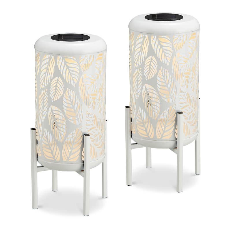 Glitzhome 14.25"H Set of 2 Metal Flower Cutout Solar Lanterns Floor Lantern
