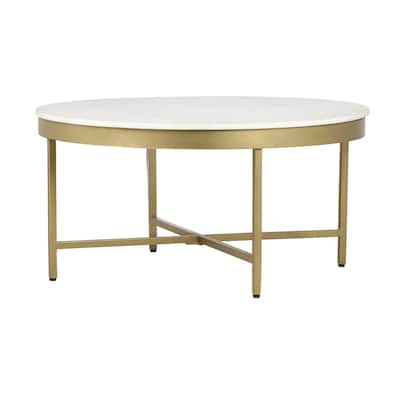 Sevita Modern Gold and White Wrought Iron Round Coffee Table - 36" Diameter x 18" H