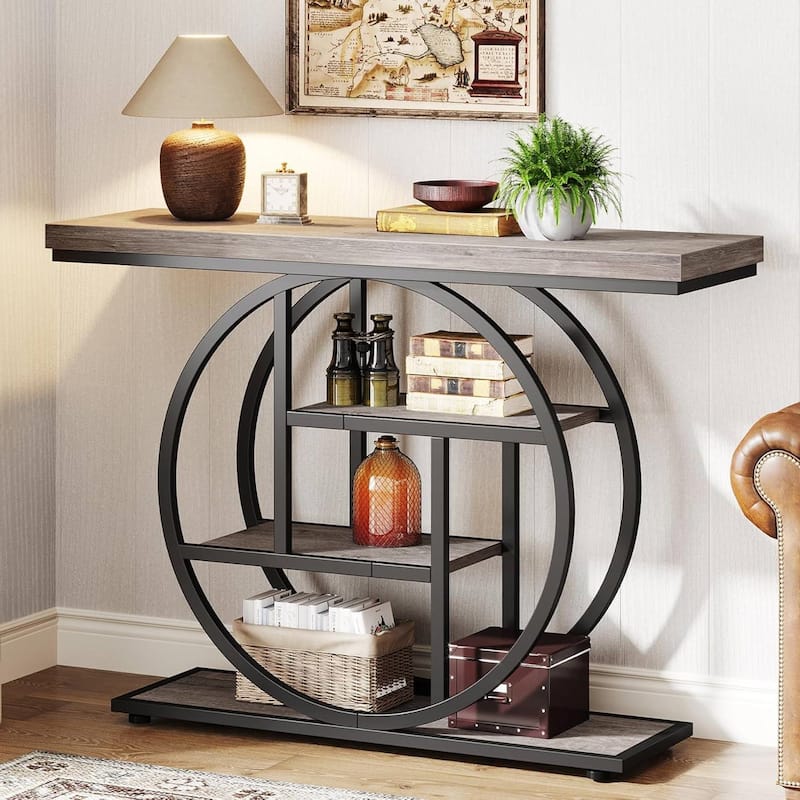 Modern Grey Wood Entryway Table 41-inch Narrow Console with Circular Metal Frame Shelves - 11.81"W x 41.34"L x 31.5"H