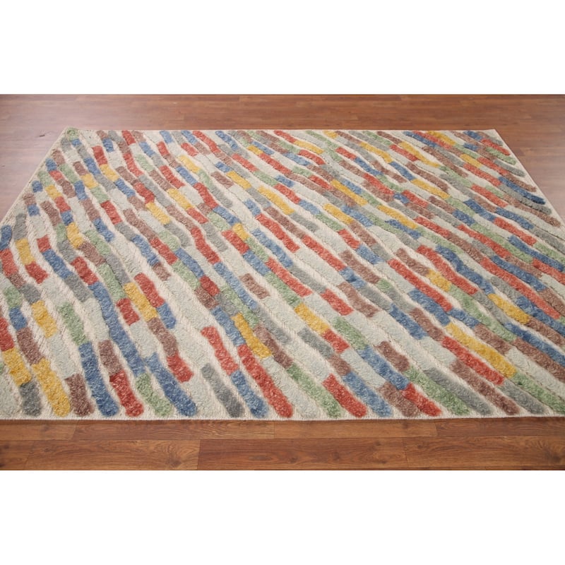 Hand Knotted Oriental 100% Wool Carpet Modern Stripe Multi-Colored Abstract Area Rug - 7' 9'' X 5' 8''