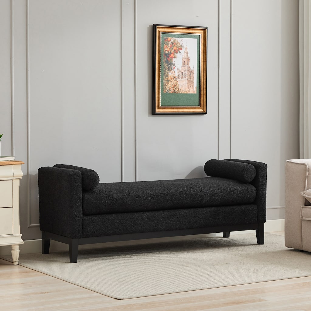 66.34"W Elegant Upholstered Bench,Daybed, Ottoman with Wood Legs & 2 Bolster Pillows for End of Bed, Bedroom, Living Room