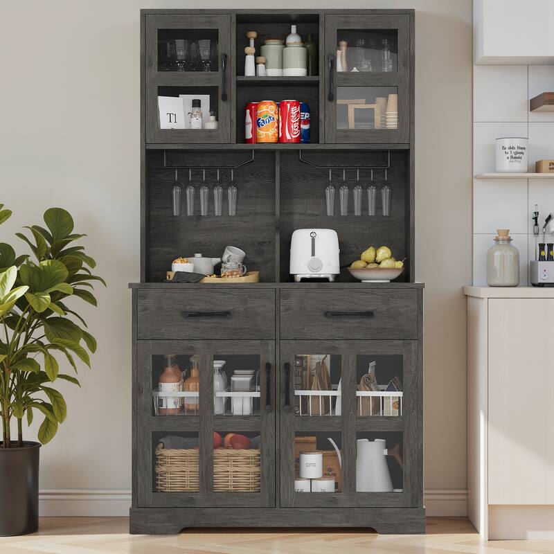Pocassy Kitchen Pantry Cabinet with Power Outlet for Dinning Room - Oak Gray