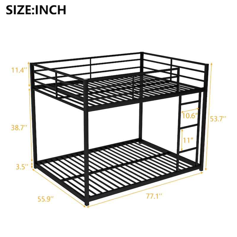 Full over Full Metal Bunk Bed, Low Bunk Bed with Ladder, Black