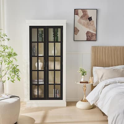 71.2'' Tall Display Cabinet with Glass Doors, Rustic Style China Cabinet, Curio Cabinet for Collectibles Figures Trophies