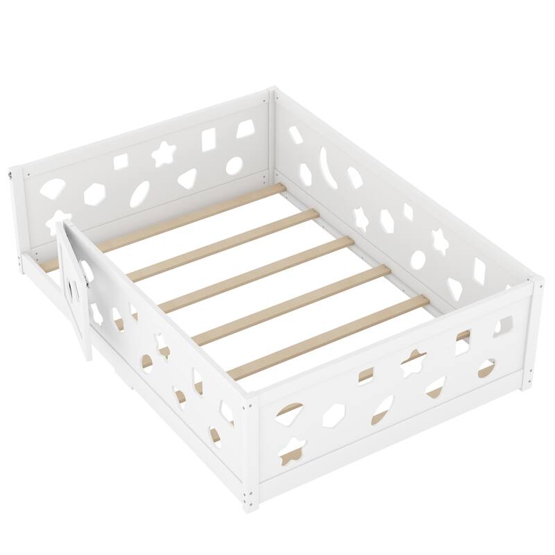 Solid Wood Montessori Floor Bed Frame, Geometric Shaped Floor Bed with Fence and Door, Wooden Slats Support