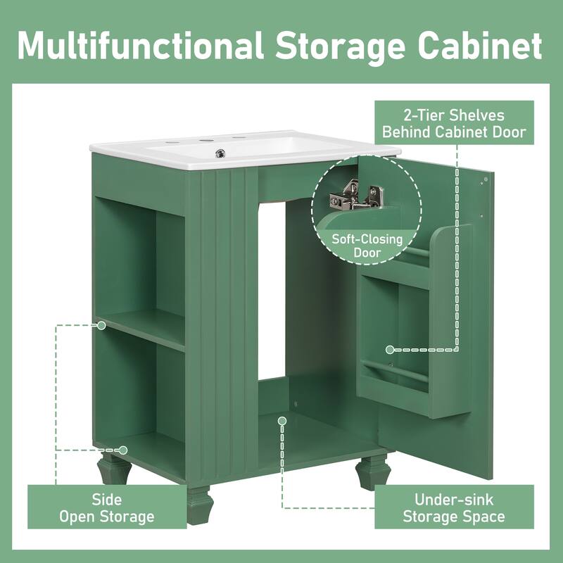 24" Compact Bathroom Vanity with Sink - Single Door Cabinet with Adjustable Shelf & Side Open Storage - Solid Wood Frame