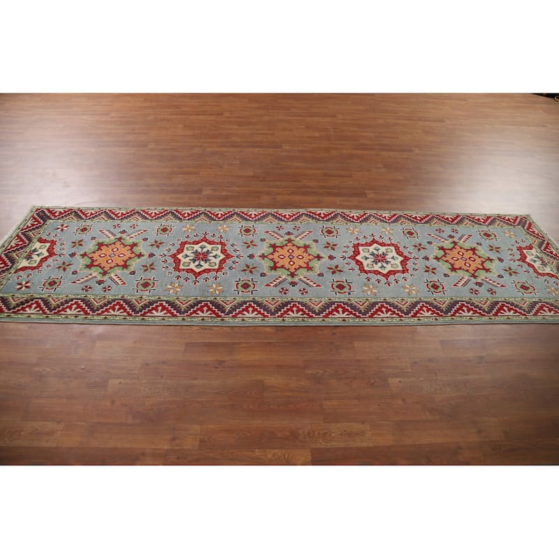 Light Blue Kazak Runner Rug Hand-Knotted Oriental Wool Carpet - 2'9" x 9'7"