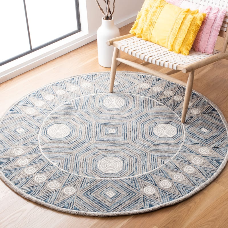 SAFAVIEH Handmade Micro-Loop Lindhilde Modern Wool Rug - 5' Round - Ivory/Blue