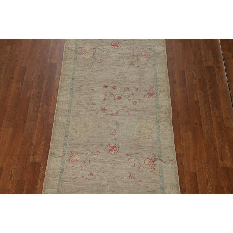 Hand Knotted Oriental 100% Wool Carpet Transitional All-Over Beige & Ivories Oushak Runner Rug - 11' 9'' X 3' 0''