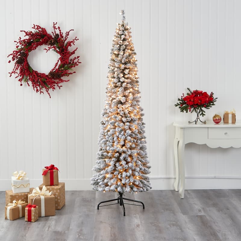 7’ Pre-Lit Pencil Slim Flocked Artificial Christmas Tree, Warm Clear LED Lights - 7 Foot