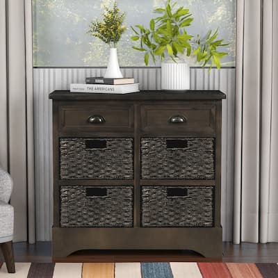 Dark Brown Rustic Storage Cabinet with 2-Drawers and Storage Baskets - 11.80 x 28.00 x 28.00