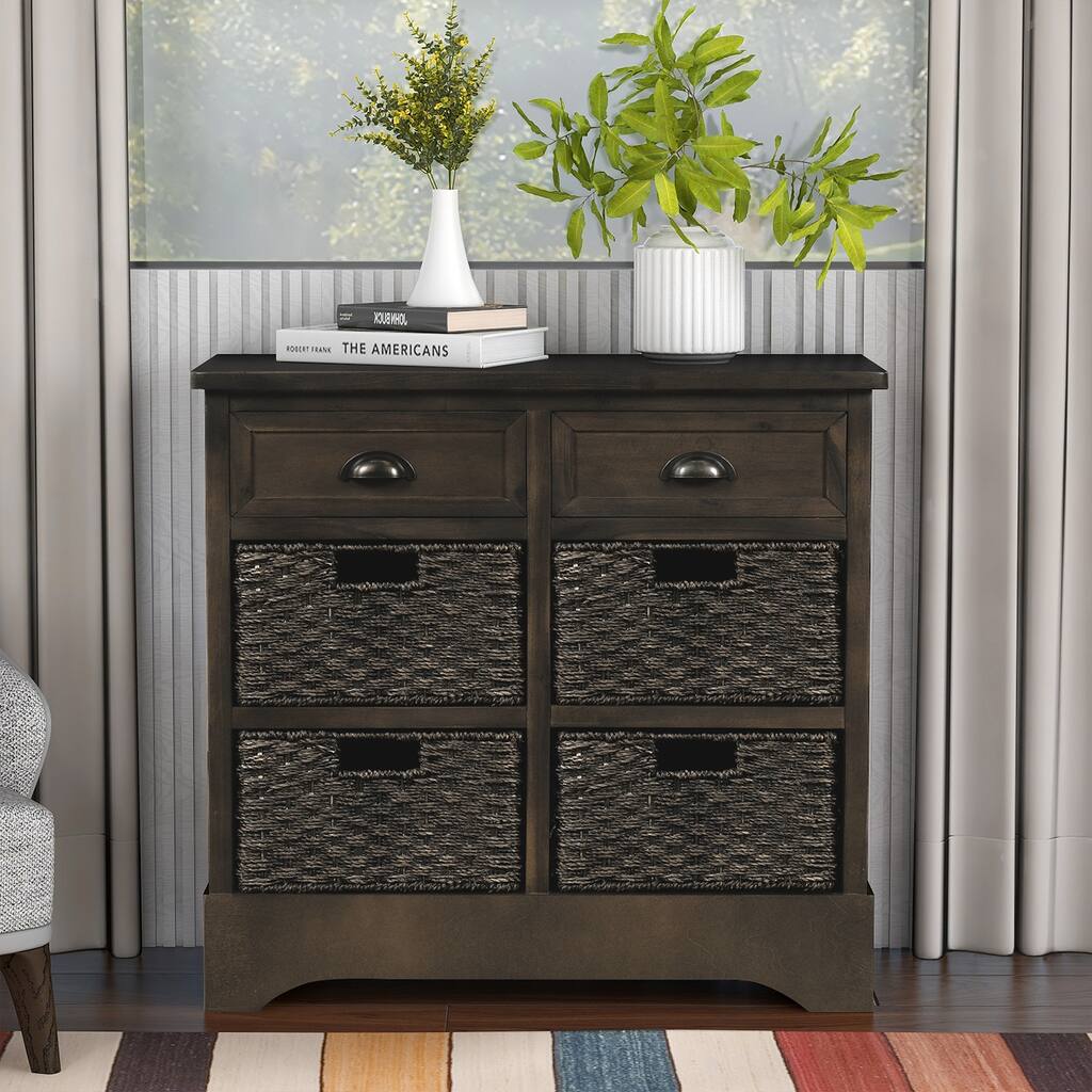Rustic Storage Cabinet with Two Drawers and Four Classic Rattan Basket for Dining Room/Living Room