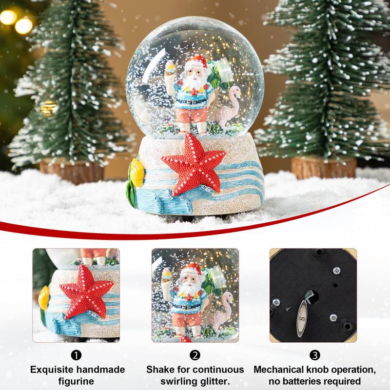 Glitzhome 100mm Christmas Resin Musical Snowflakes Santa on Vacation Waterglobe