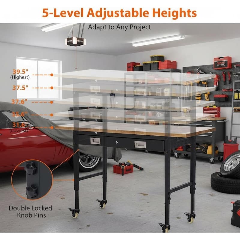 Heavy Duty 60" Adjustable Workbench, with Drawer and Wheel