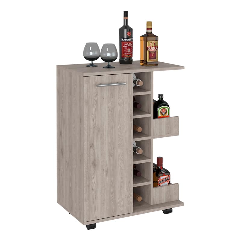 Bar Cart, Four Casters, Single Door Cabinet, Two External Shelves, Light Gray
