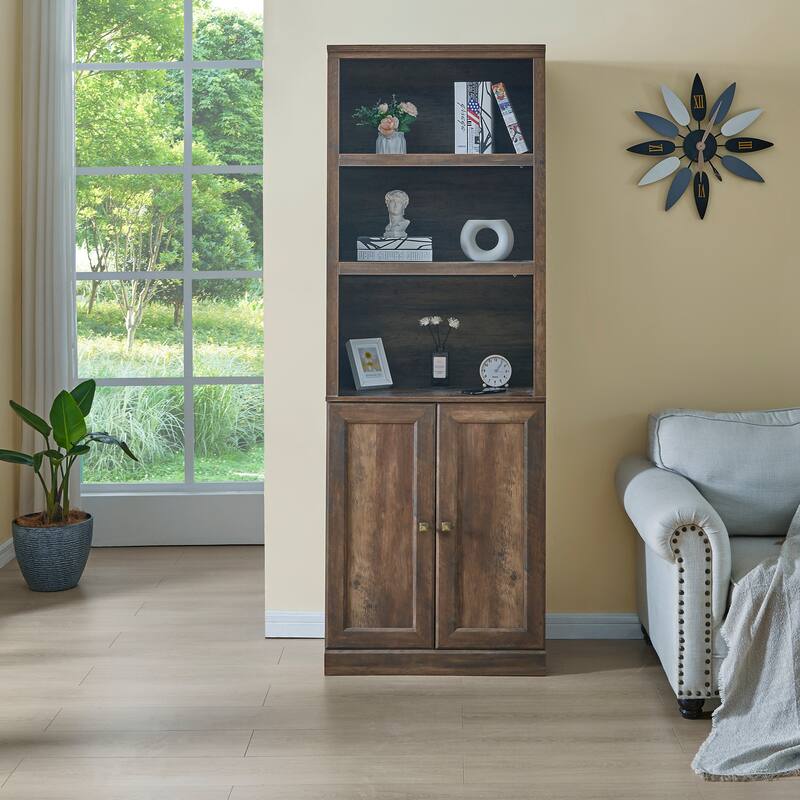 3 Open Shelves Bookcase Side Cabinet Storage Shelves,1 Doors Bookshelf with USB Port,Suitable for Home Office Storage - Brown