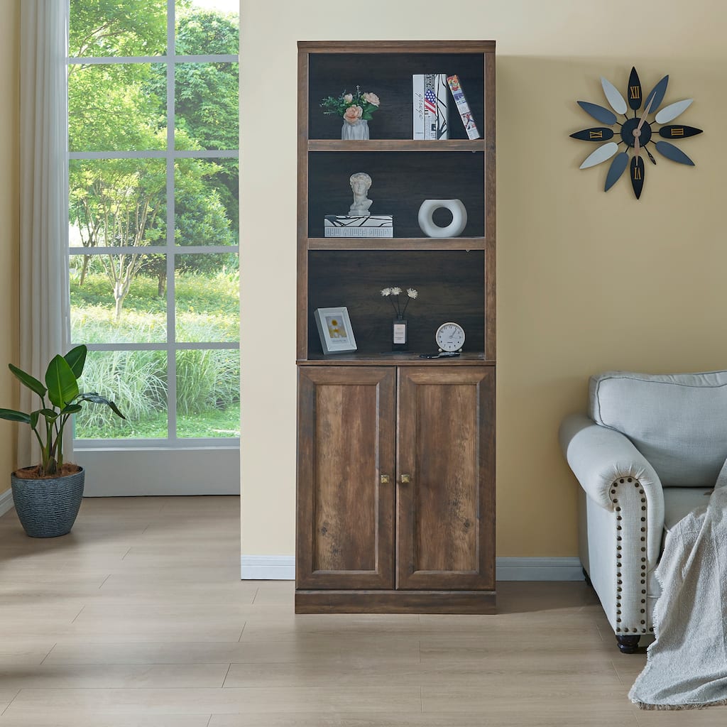 Roomfitters Bookshelf Cabinet, 1 Door Side Storage with USB Port, 3 Open Display Shelves, Compact Design