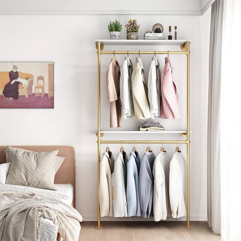 Gold Pipe Clothing Racks with 2 Tier Shelves