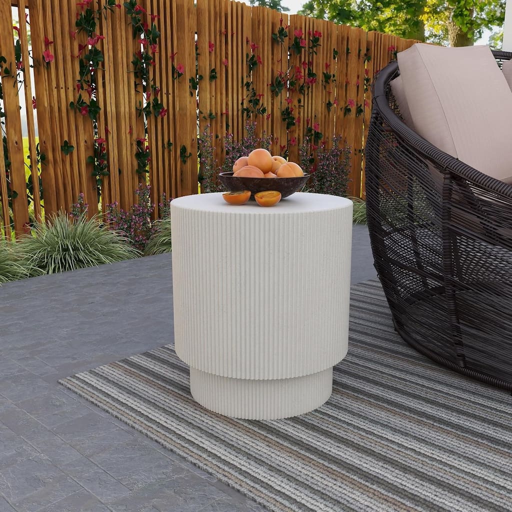 Eden Series 18" Round Stone Side Table - Mid-Century Modern Accent Table - Weather-Resistant Indoor Outdoor Patio & Garden