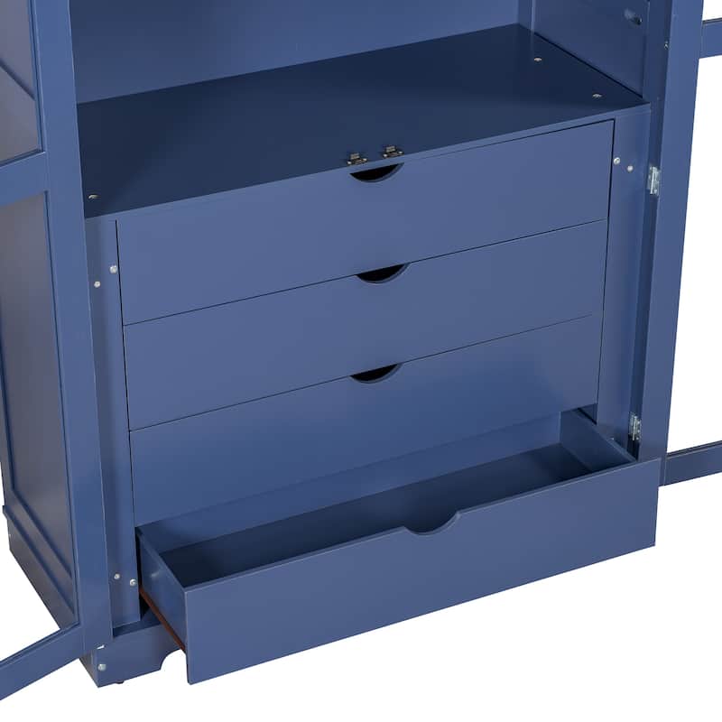 Pantry Cabinet with Glass Door, 2 Shelves & 4 Built-in Drawers, Kitchen Pantry Storage Cabinet, Freestanding Kitchen Cupboard