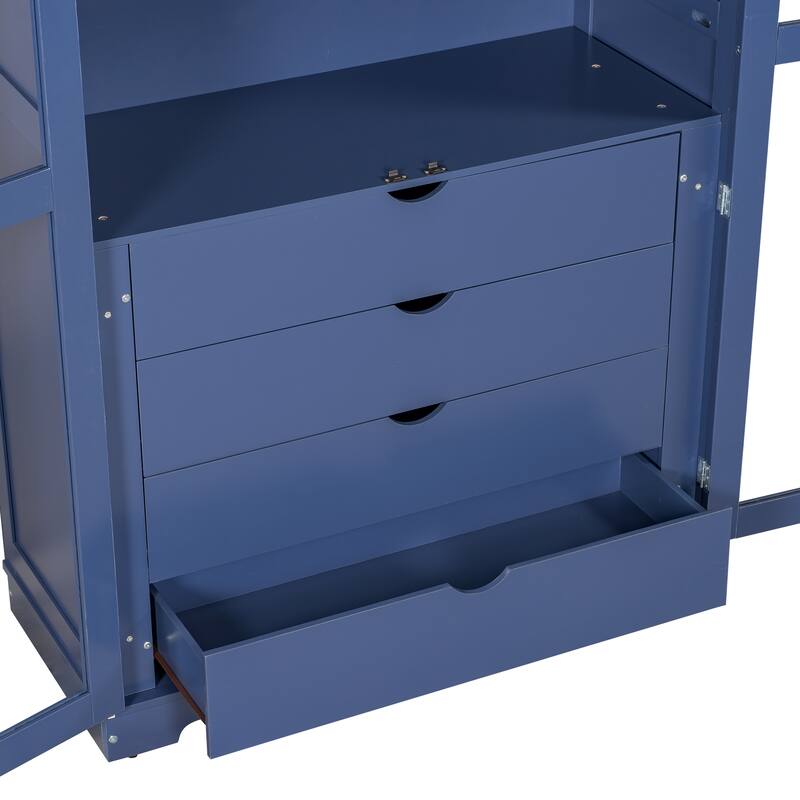 Roomfitters 75" Kitchen Pantry, Freestanding Storage Cabinet Display Cabinet with Glass Doors and 4 Drawers