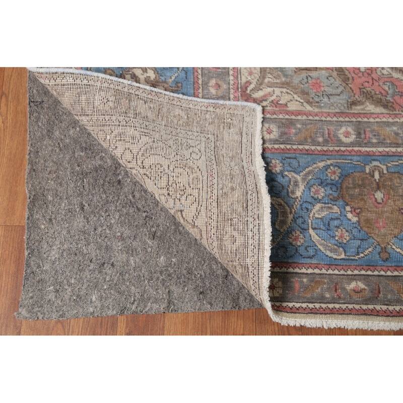 Distressed Tabriz Persian Vintage Rug Hand-Knotted Blue Wool Carpet - 10'0"x 13'4"