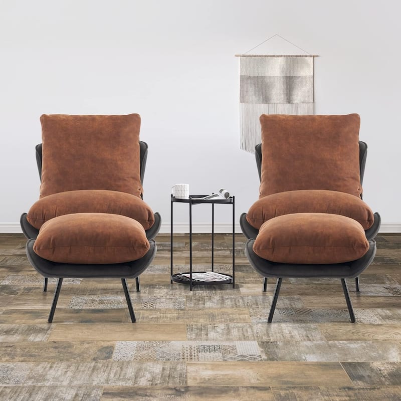 MCombo Set of 2 Accent Chair with Ottoman, Leathaire Fabric LW951 - Saddle