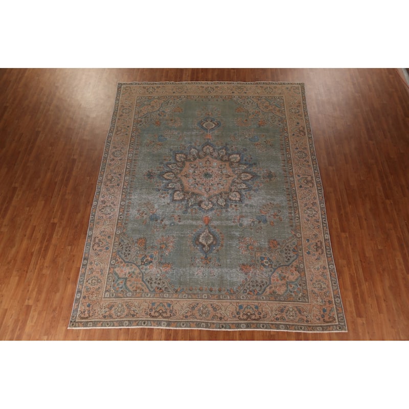 Green Tabriz Persian Vintage Area Rug Hand-Knotted Wool Carpet - 9'6"x 12'7"