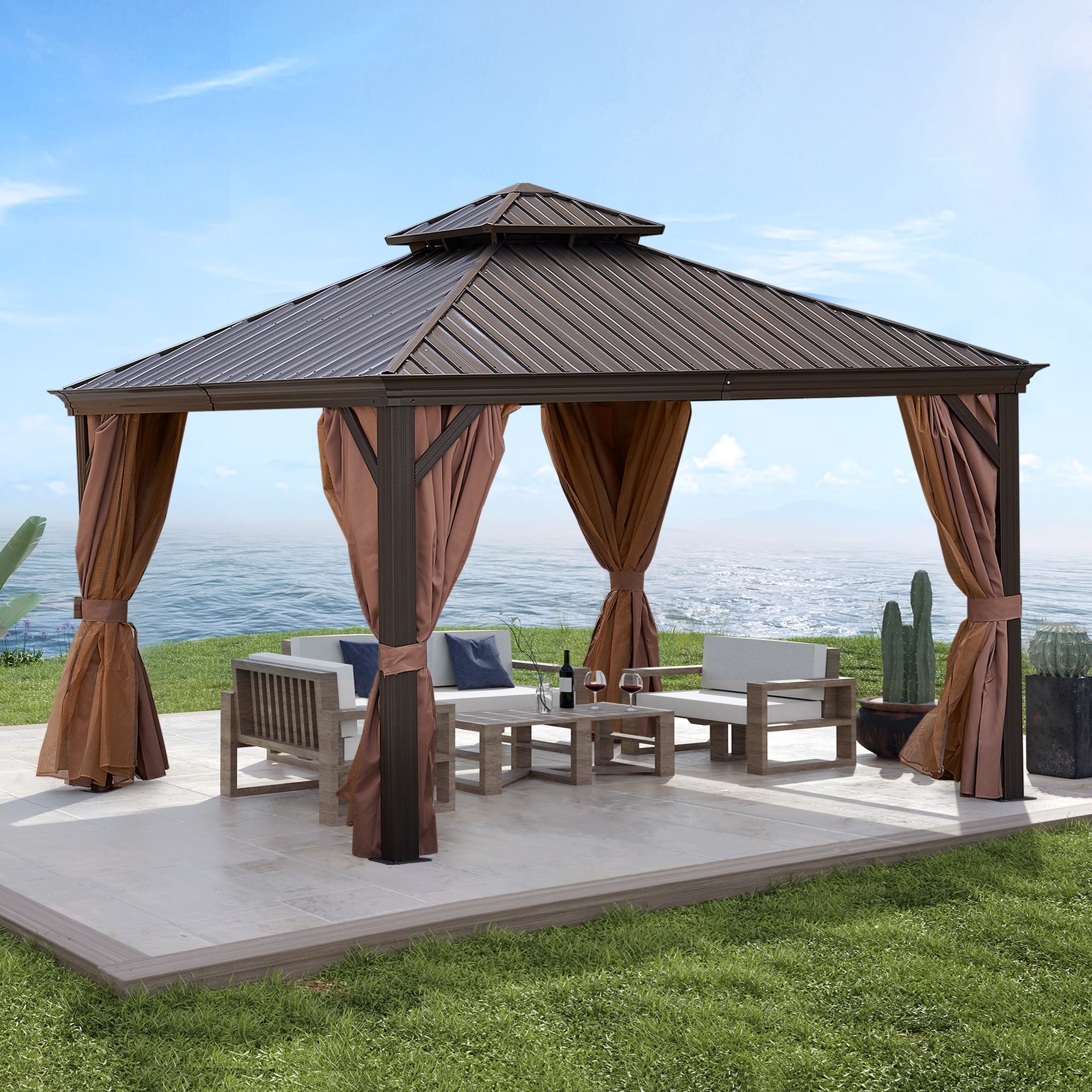 Bronze 12x12 ft Permanent Patio Gazebo with Steel Double Roof Curtains Bed Bath Beyond 39090212