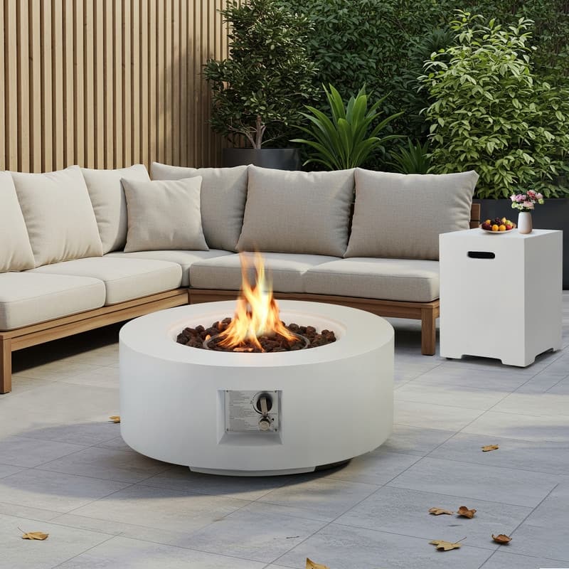 Outdoor Propane Fire Pit Table with Tank Storage and Weather-Resistant Cover - White Round-Fire Pit Set