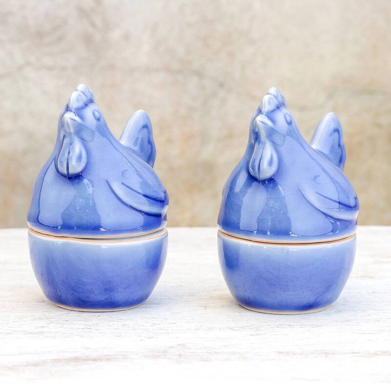 Handmade Hen Breakfast Ceramic Egg Cups (Pair) Thailand - 4.1" H x 3" W x 2.6" D